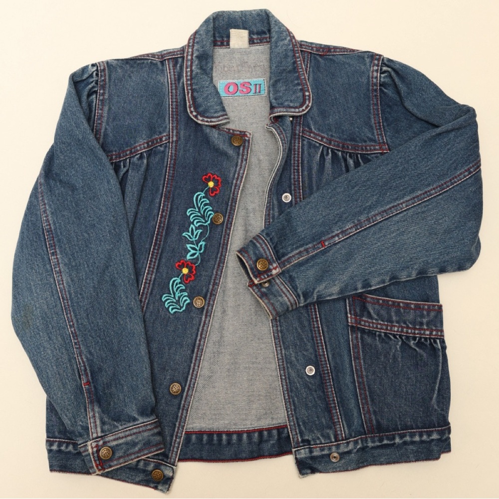 Women’s Vintage Small 100% Cotton Denim Jacket Embroidered Floral Puffed Sleeves